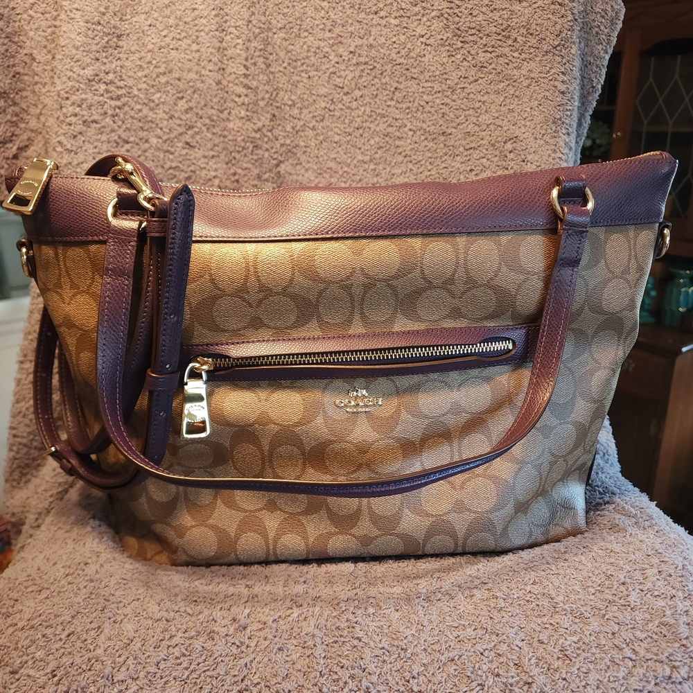 Coach Signature Tan and Purple Shoulder Bag